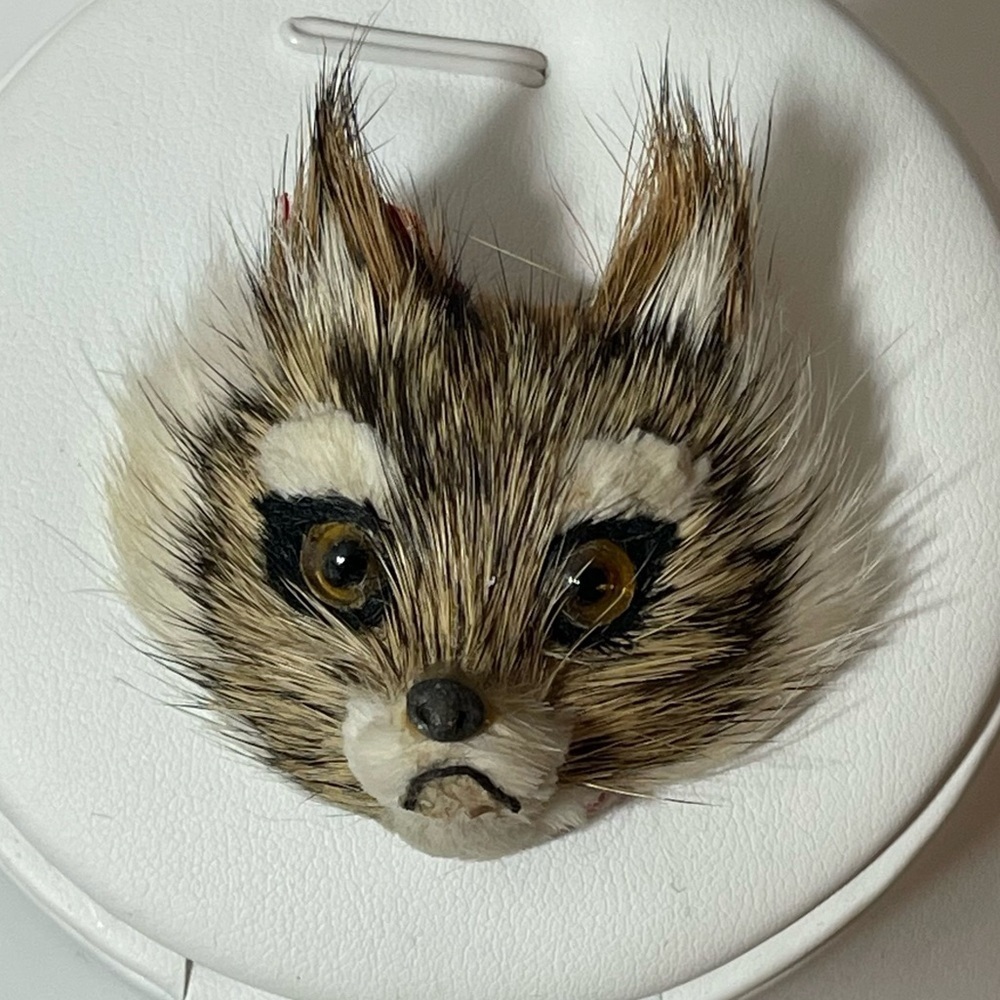 Swedish Vintage 1970s Handcrafted Värmland Raccoon Wolf Animal Head Brooch Fur‌‌